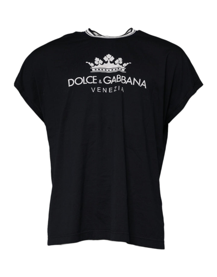 Dolce &amp; Gabbana Dark Blue Logo Crown Cotton Crew Neck T-shirt by Dolce &amp; Gabbana outlet now on sale