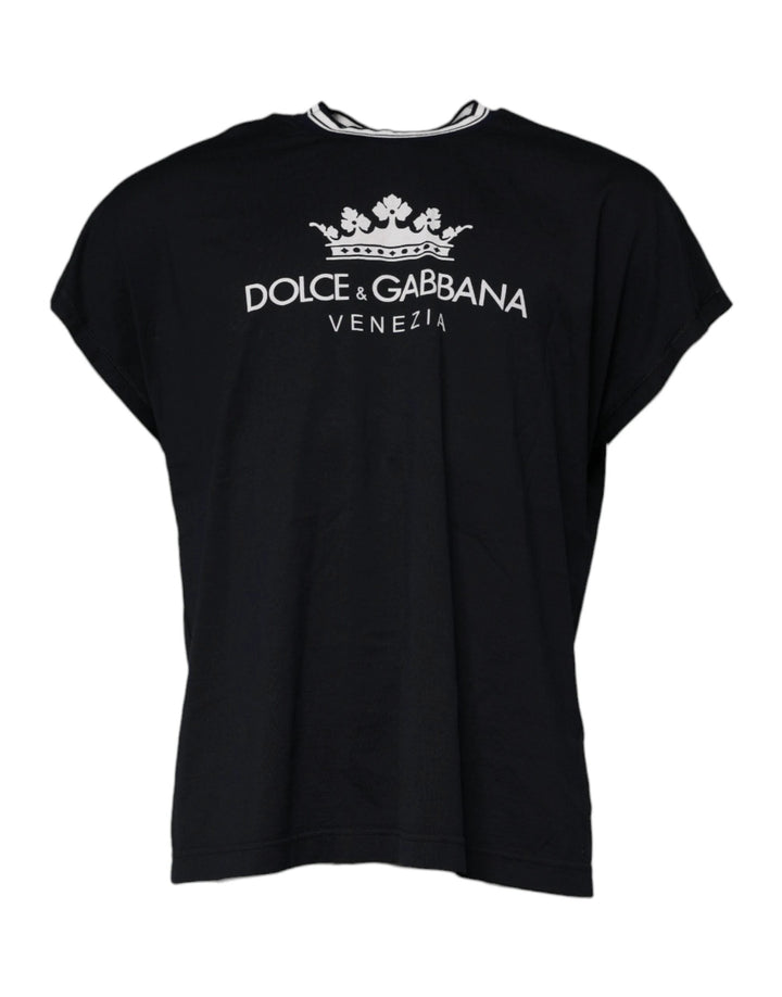 Dolce &amp; Gabbana Dark Blue Logo Crown Cotton Crew Neck T-shirt by Dolce &amp; Gabbana outlet now on sale