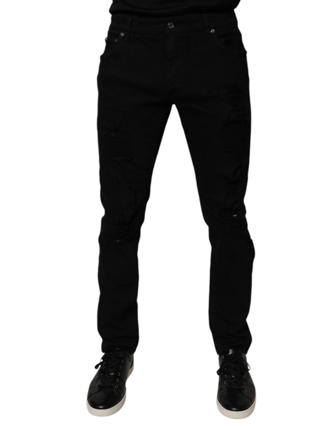 Dolce &amp; Gabbana Sample Sale Dolce &amp; Gabbana Black Tattered Cotton Skinny Men Denim Jeans - | Designer outlet