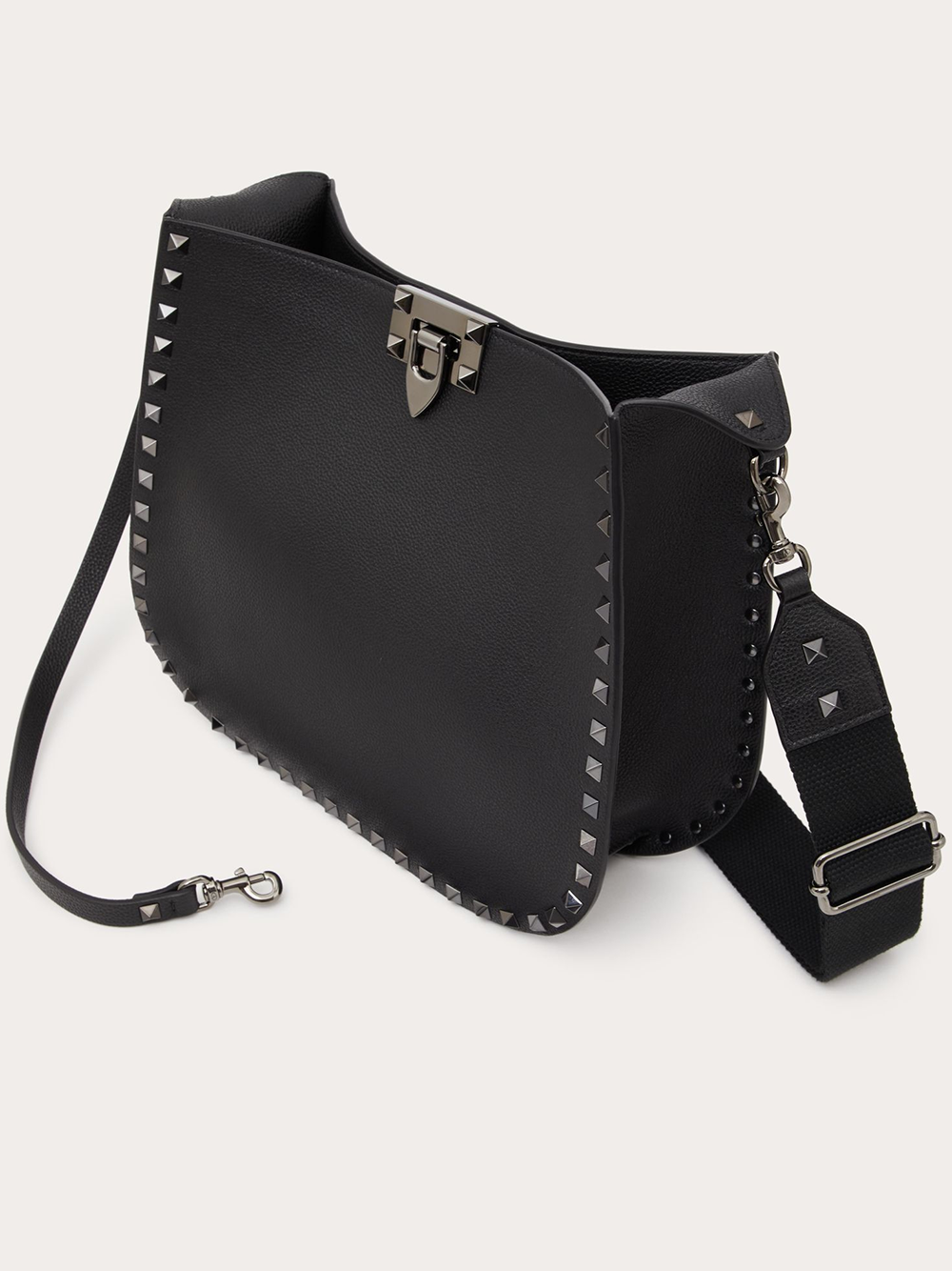 Valentino Garavani Black Grainy Calf Hobo Rockstudt Bag