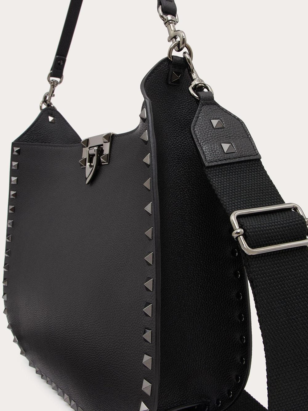 Valentino Garavani Black Grainy Calf Hobo Rockstudt Bag