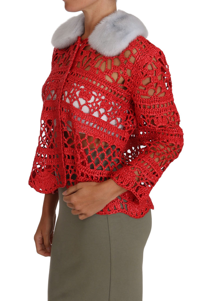 Dolce &amp; Gabbana Sample Sale Dolce &amp; Gabbana Red Cardigan Crochet Knit Raffia Sweater - | Designer outlet