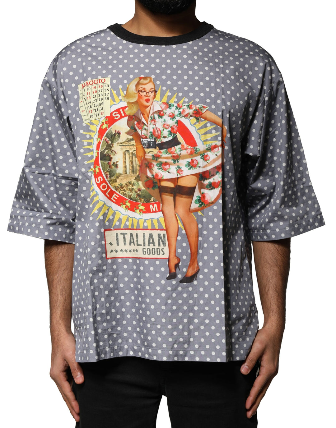 Dolce &amp; Gabbana Sample Sale Dolce &amp; Gabbana Gray Polka Dot Pin-Up Print Crew Neck T-shirt - | Designer outlet