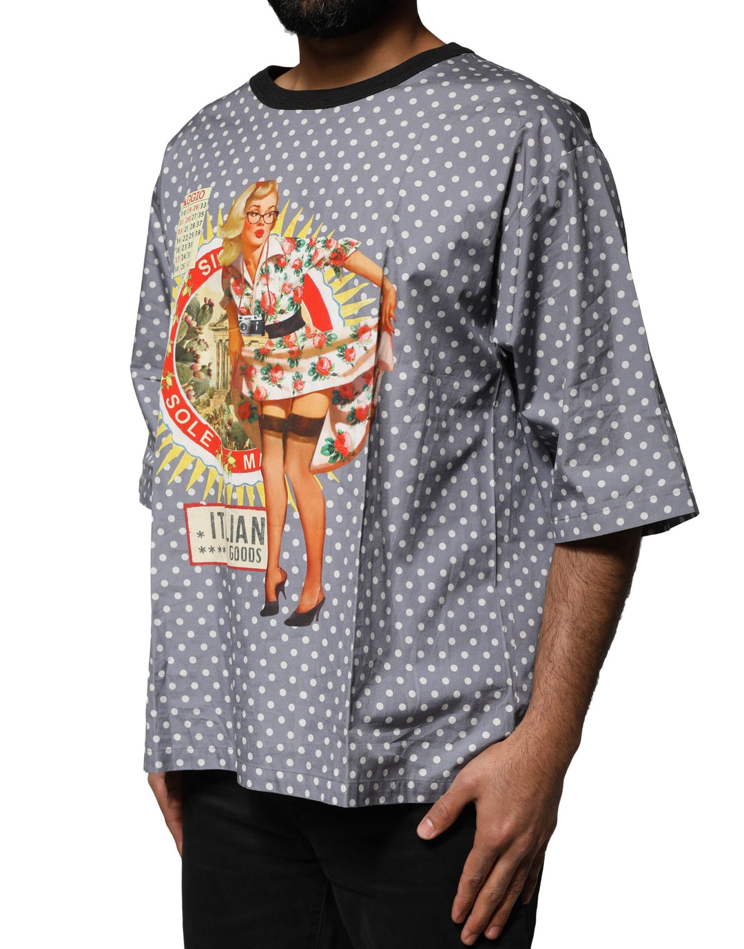Dolce &amp; Gabbana Sample Sale Dolce &amp; Gabbana Gray Polka Dot Pin-Up Print Crew Neck T-shirt - | Designer outlet