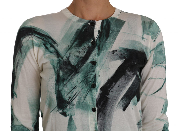 Dolce &amp; Gabbana Sample Sale Dolce &amp; Gabbana White Silk Cardigan Lightweight Paint Stroke Sweater - | Designer outlet