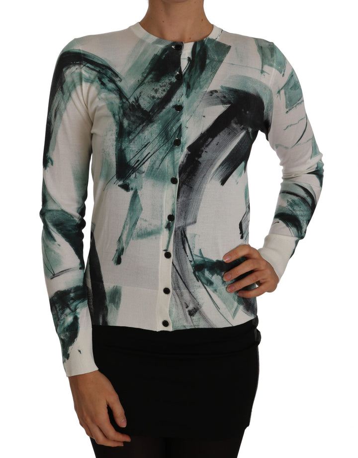 Dolce &amp; Gabbana Sample Sale Dolce &amp; Gabbana White Silk Cardigan Lightweight Paint Stroke Sweater - | Designer outlet