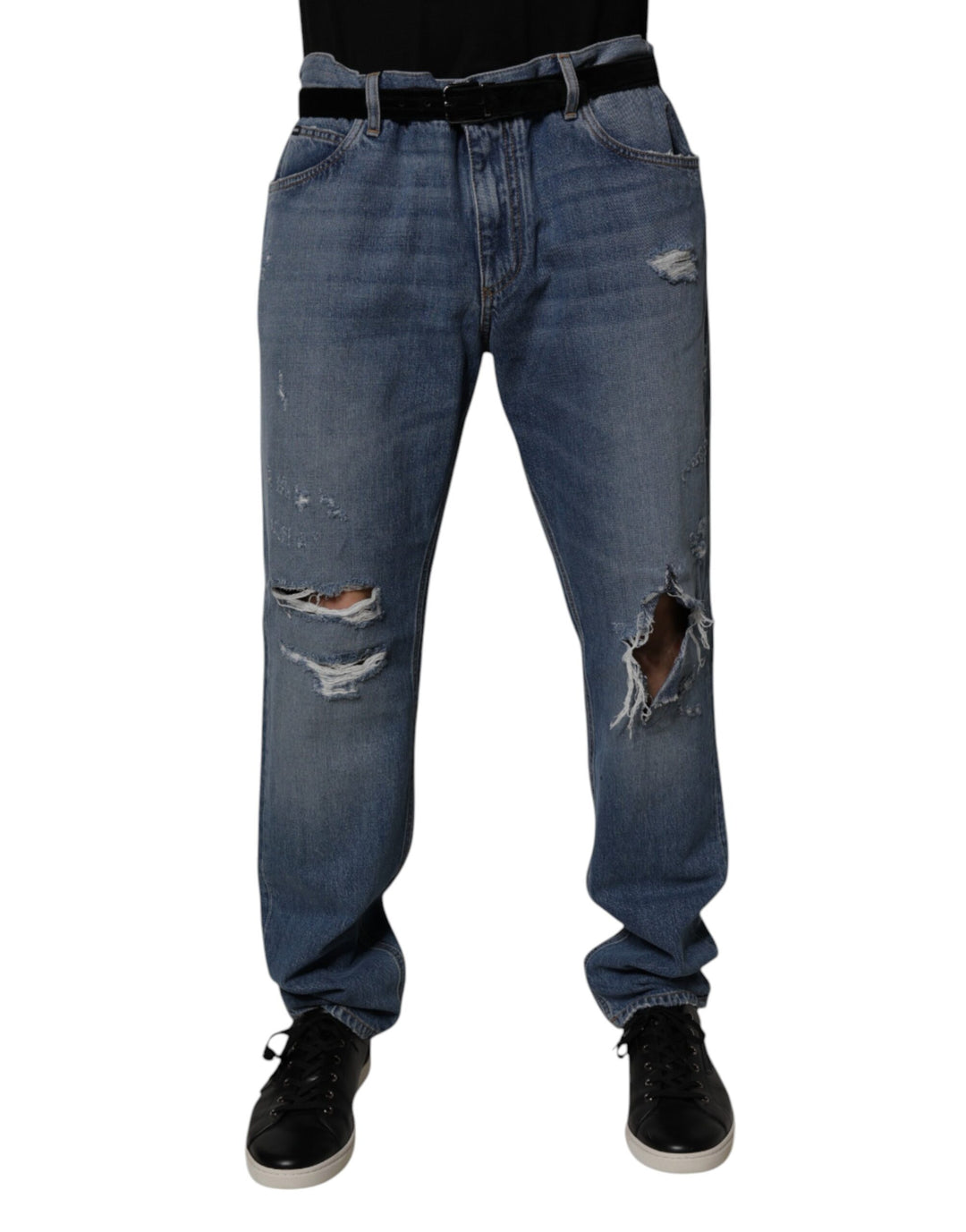 Dolce &amp; Gabbana Sample Sale Dolce &amp; Gabbana Blue Tattered Cotton Straight Denim Jeans - | Designer outlet
