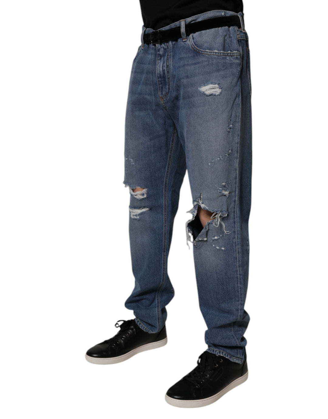 Dolce &amp; Gabbana Sample Sale Dolce &amp; Gabbana Blue Tattered Cotton Straight Denim Jeans - | Designer outlet