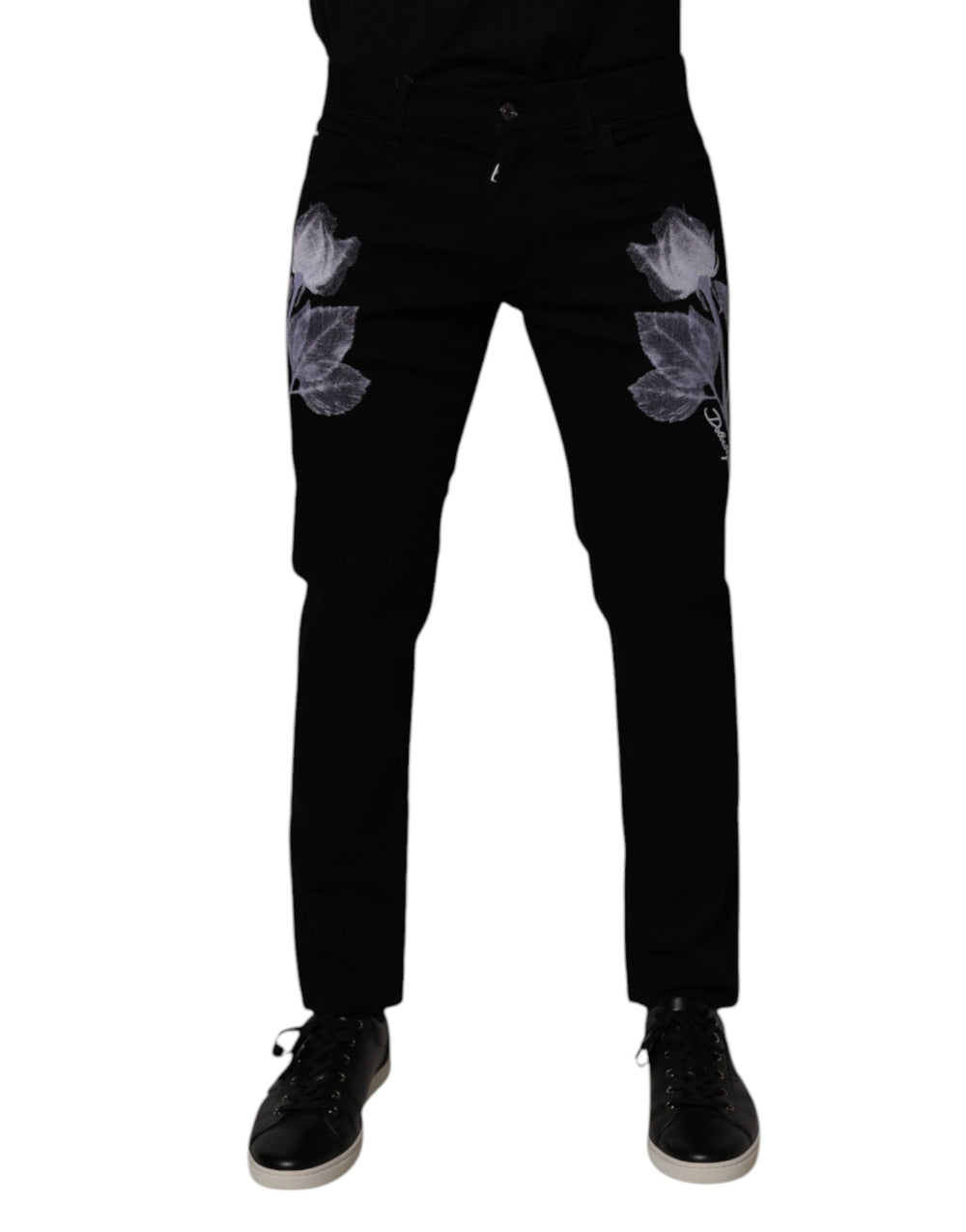 Dolce & Gabbana Black Floral Cotton Skinny Men Denim Jeans by Dolce & Gabbana outlet now on sale