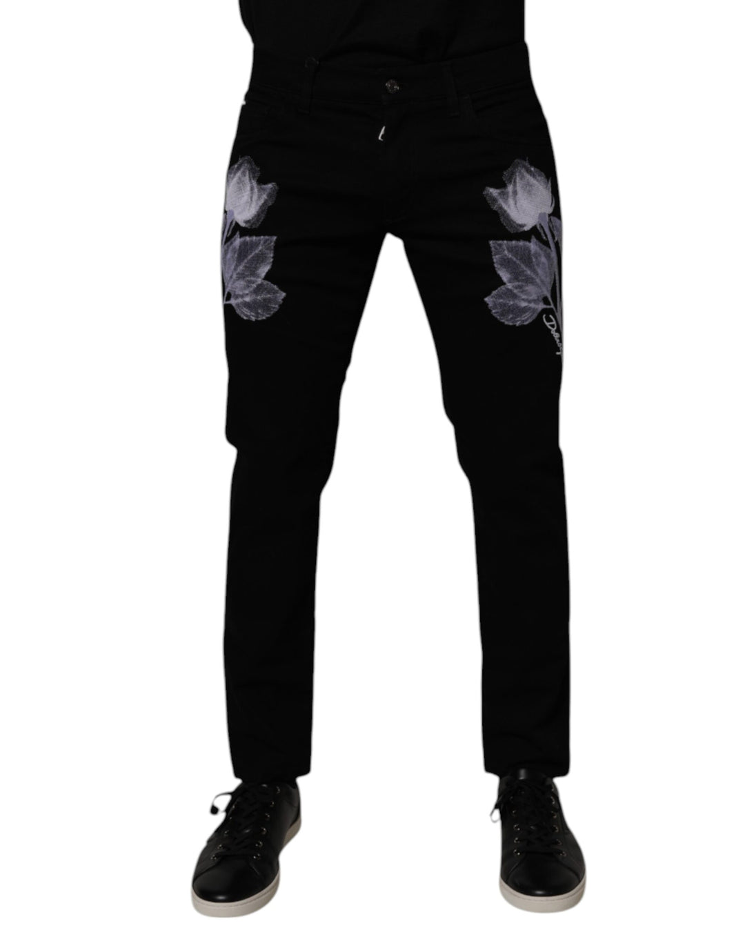 Dolce & Gabbana Black Floral Cotton Skinny Men Denim Jeans by Dolce & Gabbana outlet now on sale