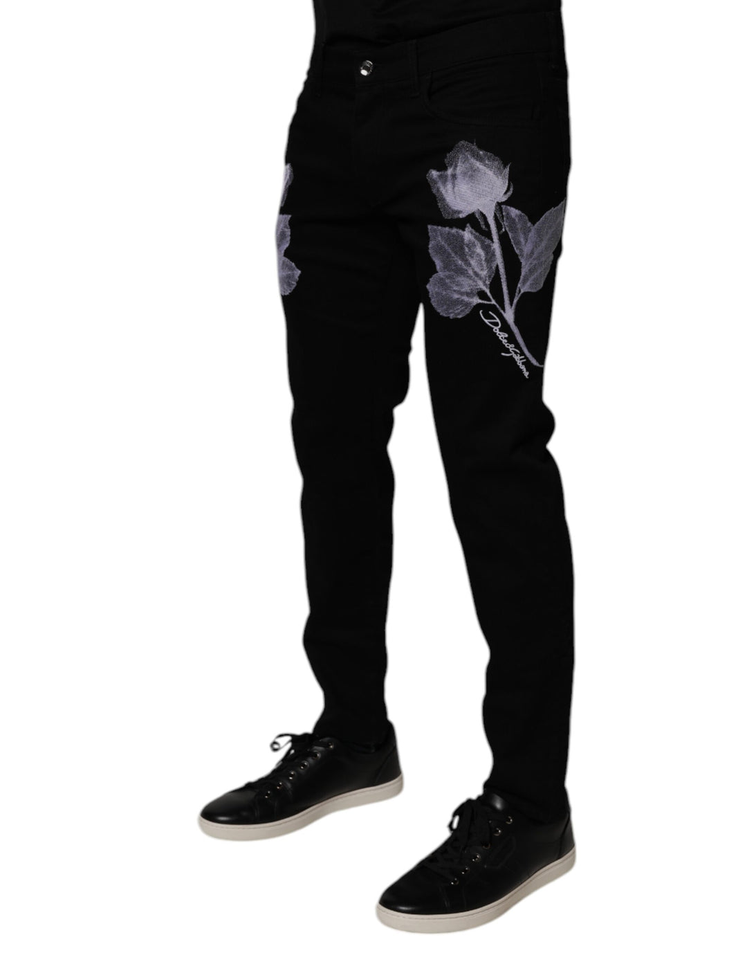 Dolce & Gabbana Black Floral Cotton Skinny Men Denim Jeans by Dolce & Gabbana outlet now on sale