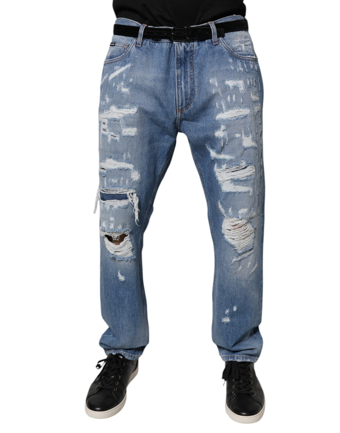 Dolce &amp; Gabbana Sample Sale Dolce &amp; Gabbana Blue Tattered Straight Cotton Denim Jeans - | Designer outlet