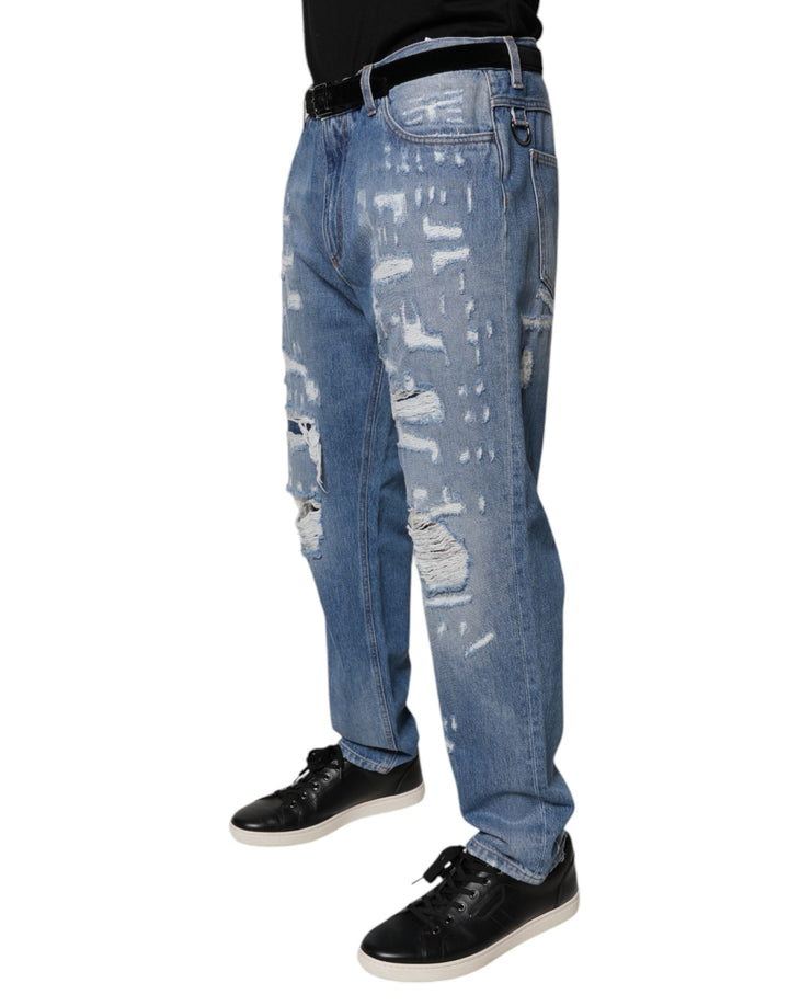 Dolce &amp; Gabbana Sample Sale Dolce &amp; Gabbana Blue Tattered Straight Cotton Denim Jeans - | Designer outlet