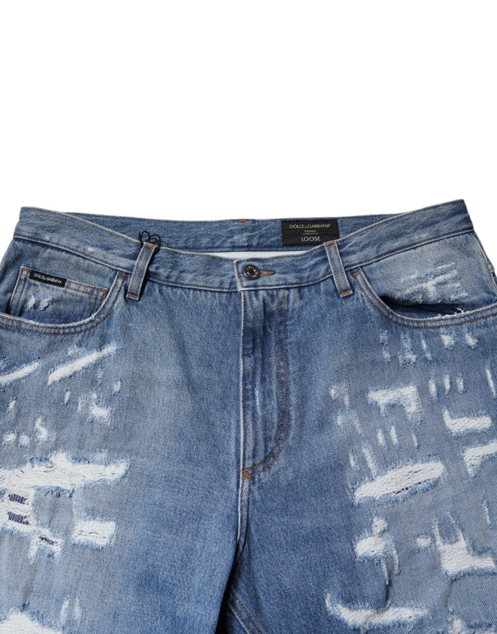 Dolce &amp; Gabbana Sample Sale Dolce &amp; Gabbana Blue Tattered Straight Cotton Denim Jeans - | Designer outlet