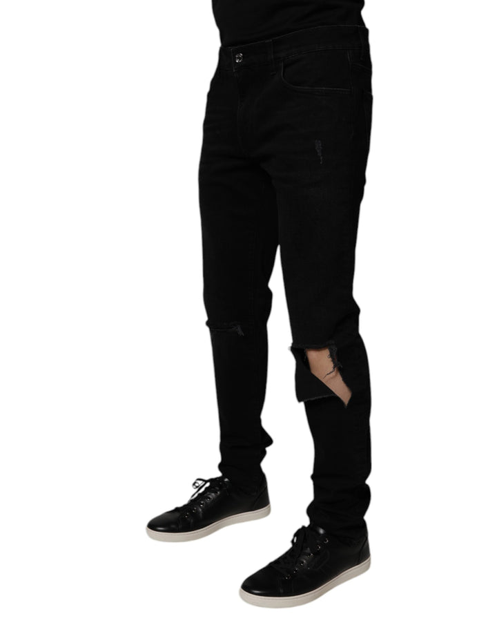 Dolce &amp; Gabbana Black Cotton Tattered Skinny Men Denim Jeans by Dolce &amp; Gabbana outlet now on sale