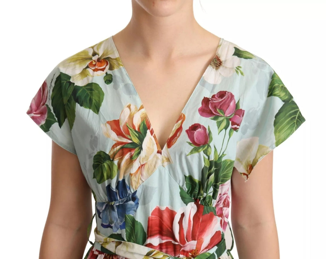 Dolce &amp; Gabbana Green Floral Short Sleeves Cotton V-neck Dress by Dolce &amp; Gabbana outlet now on sale