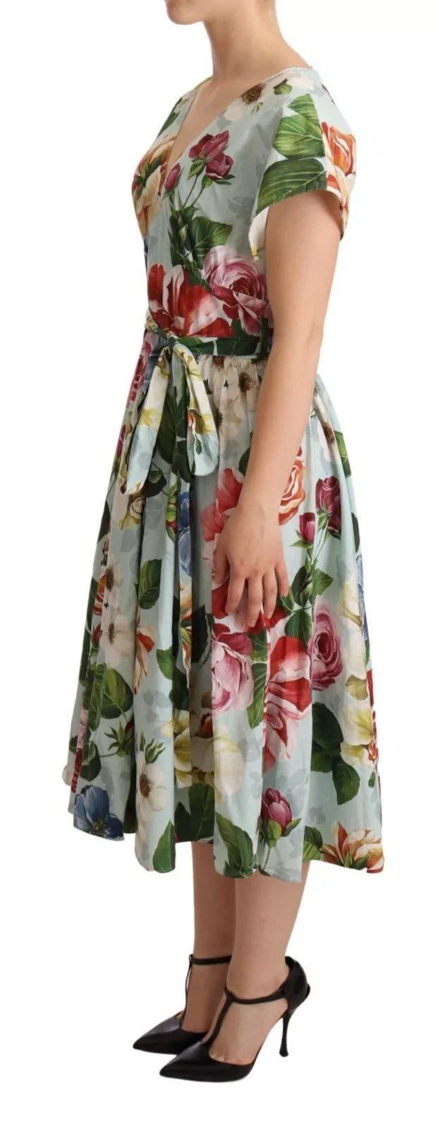 Dolce &amp; Gabbana Green Floral Short Sleeves Cotton V-neck Dress by Dolce &amp; Gabbana outlet now on sale