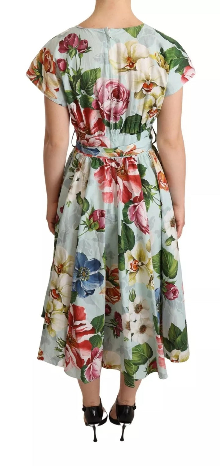 Dolce &amp; Gabbana Green Floral Short Sleeves Cotton V-neck Dress by Dolce &amp; Gabbana outlet now on sale