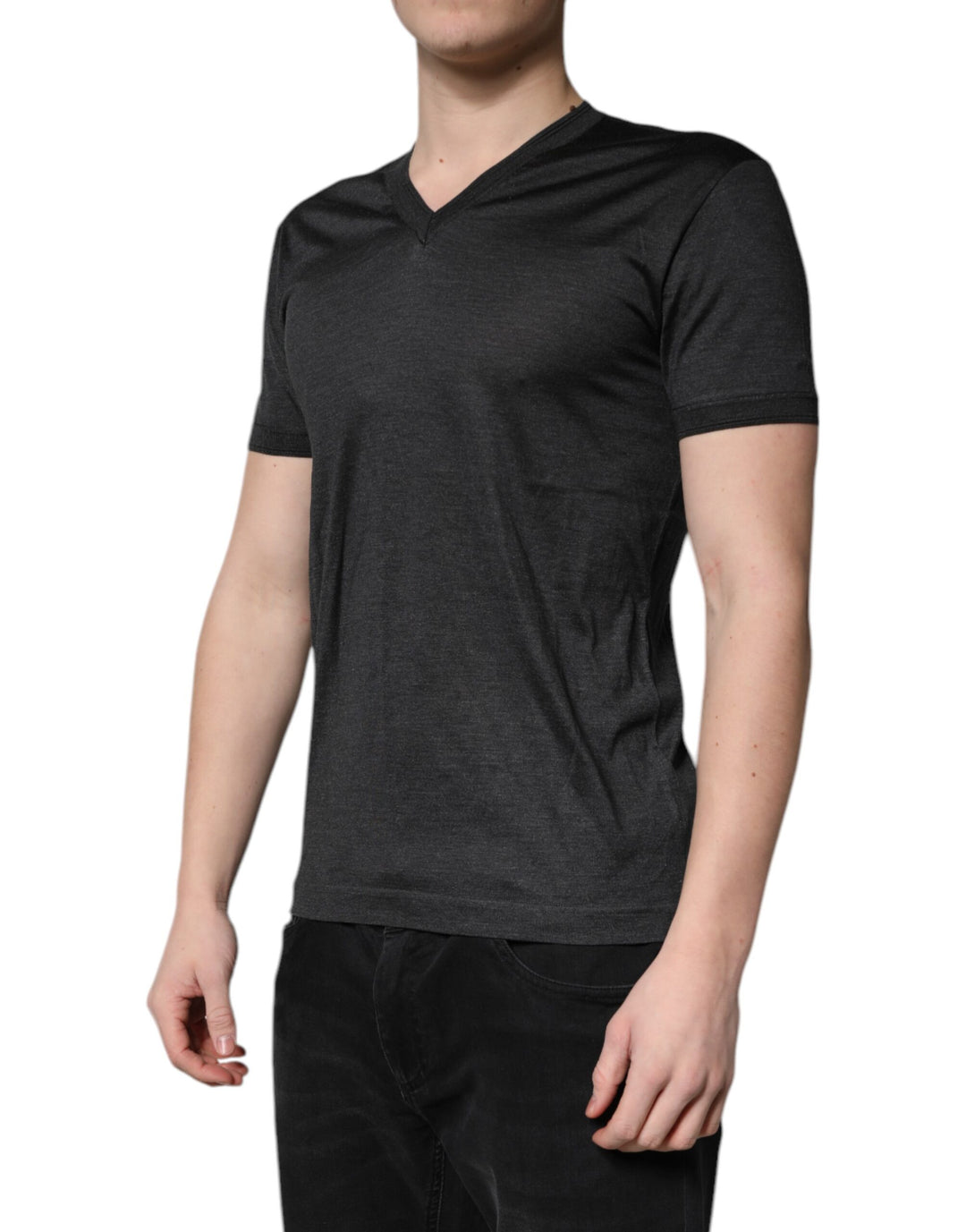 Dolce &amp; Gabbana Sample Sale Dolce &amp; Gabbana Dark Gray Silk V-neck Short Sleeves T-shirt - | Designer outlet