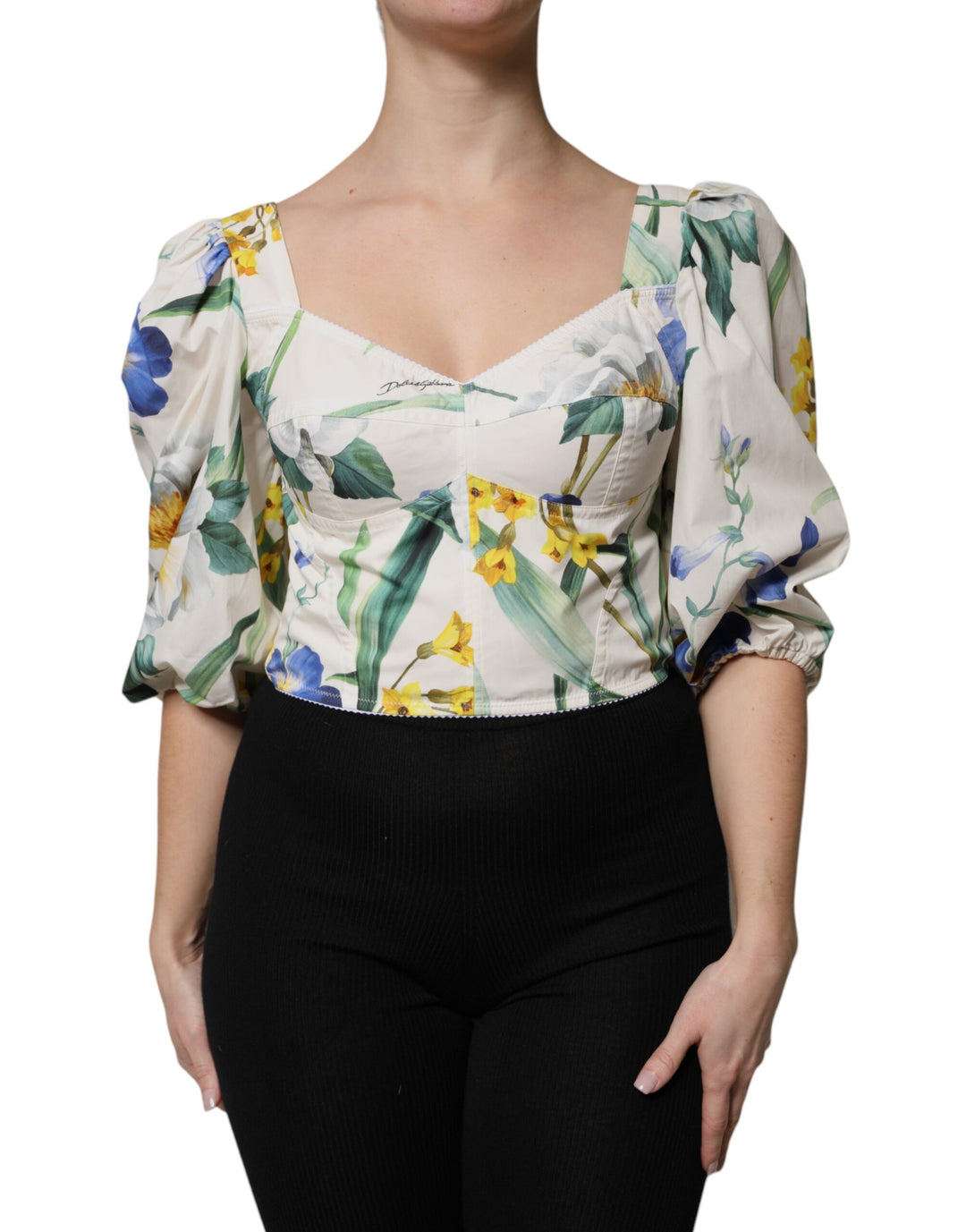Dolce &amp; Gabbana Sample Sale Dolce &amp; Gabbana White Floral Puff Sleeves Crop Blouse Top - | Designer outlet