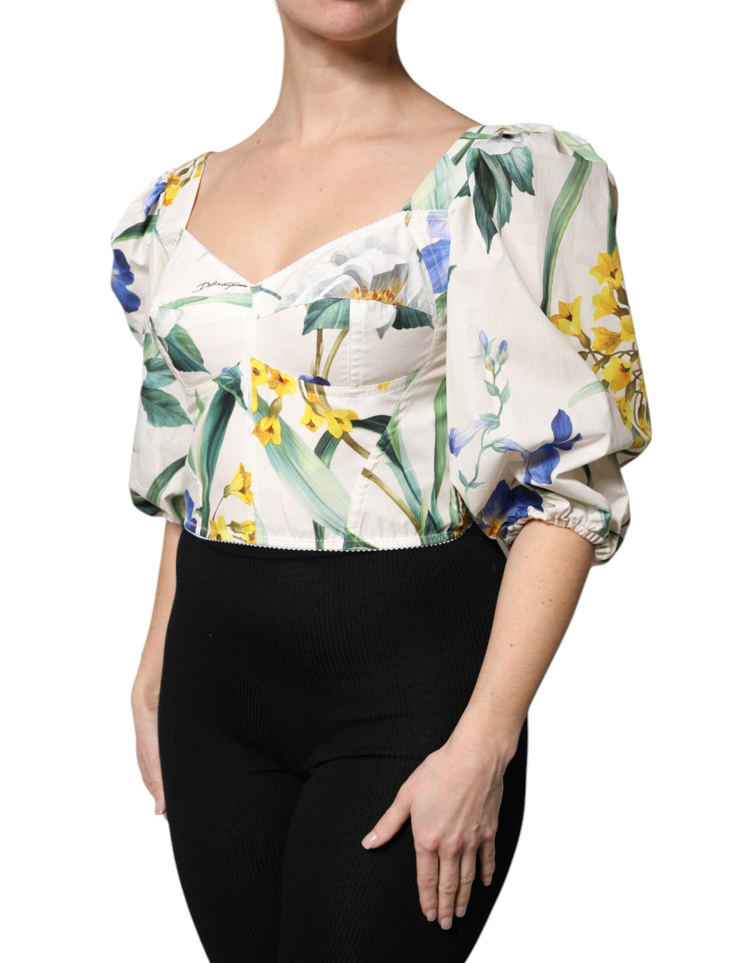 Dolce &amp; Gabbana Sample Sale Dolce &amp; Gabbana White Floral Puff Sleeves Crop Blouse Top - | Designer outlet