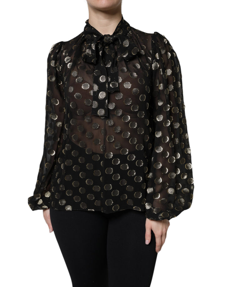 Dolce &amp; Gabbana Sample Sale Dolce &amp; Gabbana Black Sheer Tied Neck Polka Dots Blouse Top - | Designer outlet