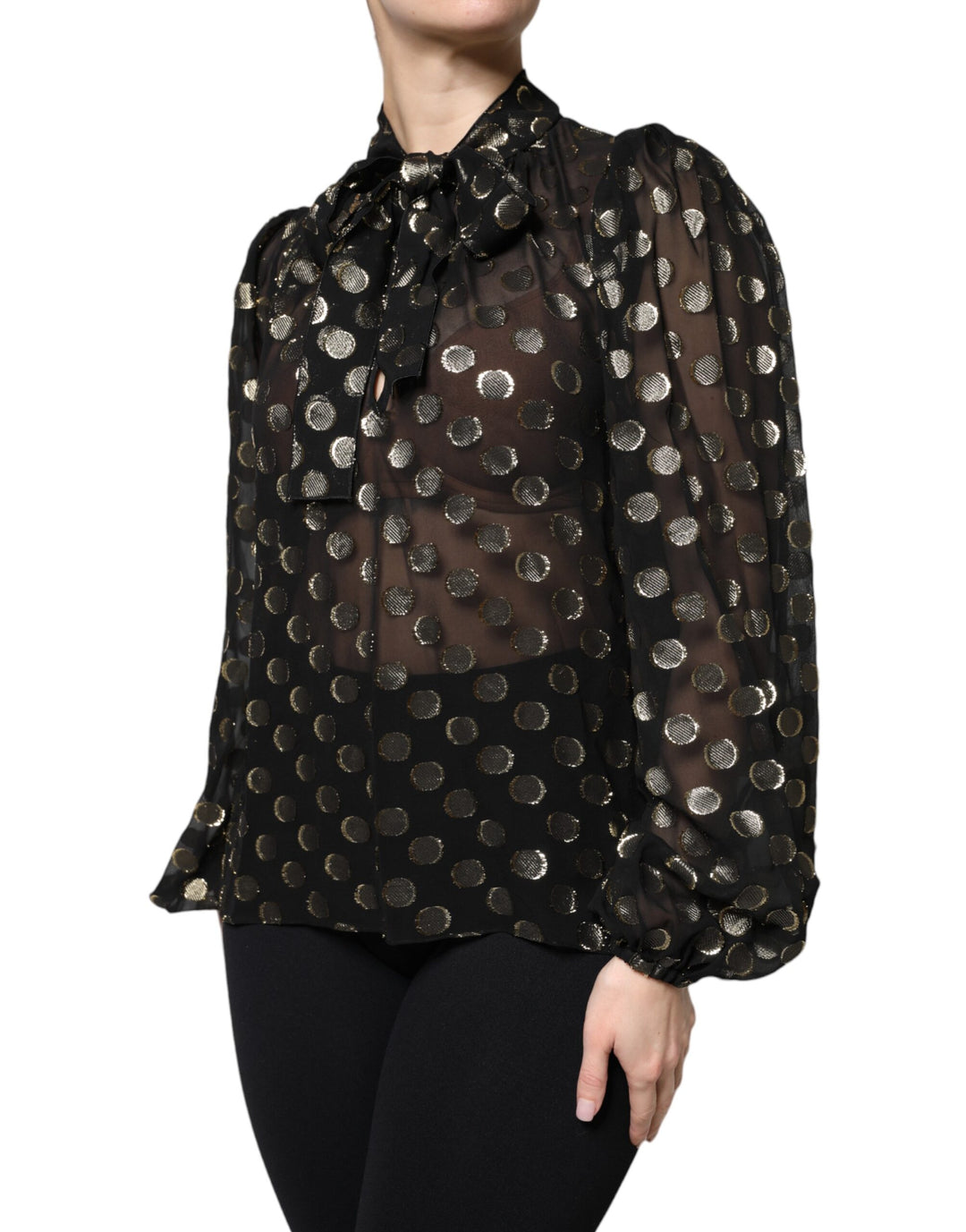 Dolce &amp; Gabbana Sample Sale Dolce &amp; Gabbana Black Sheer Tied Neck Polka Dots Blouse Top - | Designer outlet