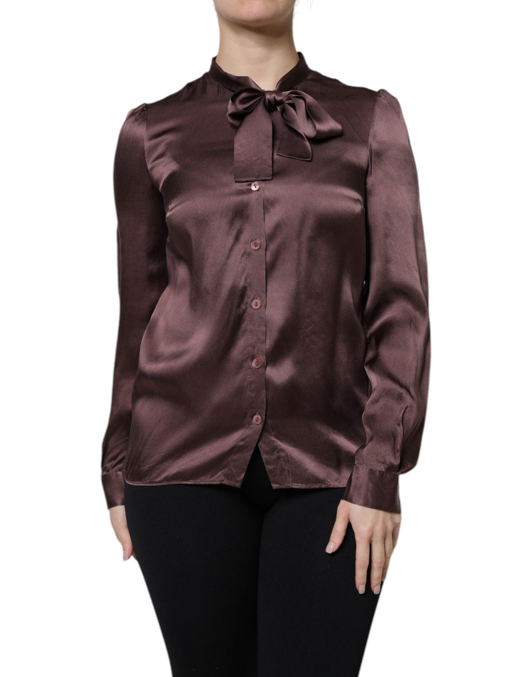 Dolce &amp; Gabbana Sample Sale Dolce &amp; Gabbana Brown Ascot Collar Long Sleeve Blouse Top - | Designer outlet