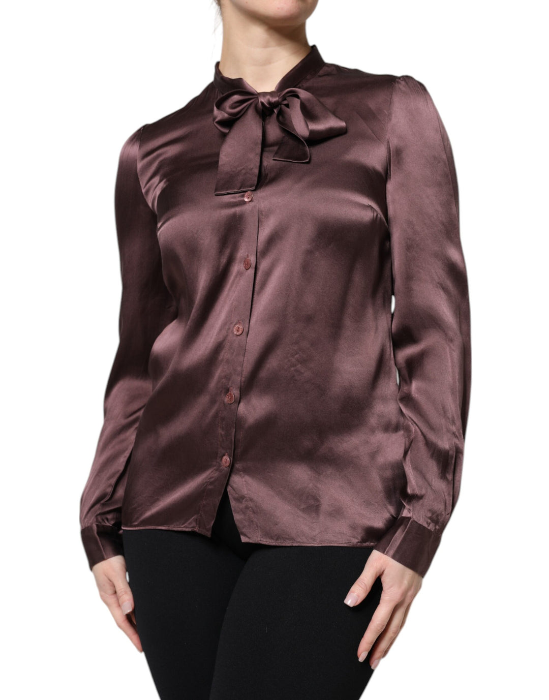 Dolce &amp; Gabbana Sample Sale Dolce &amp; Gabbana Brown Ascot Collar Long Sleeve Blouse Top - | Designer outlet