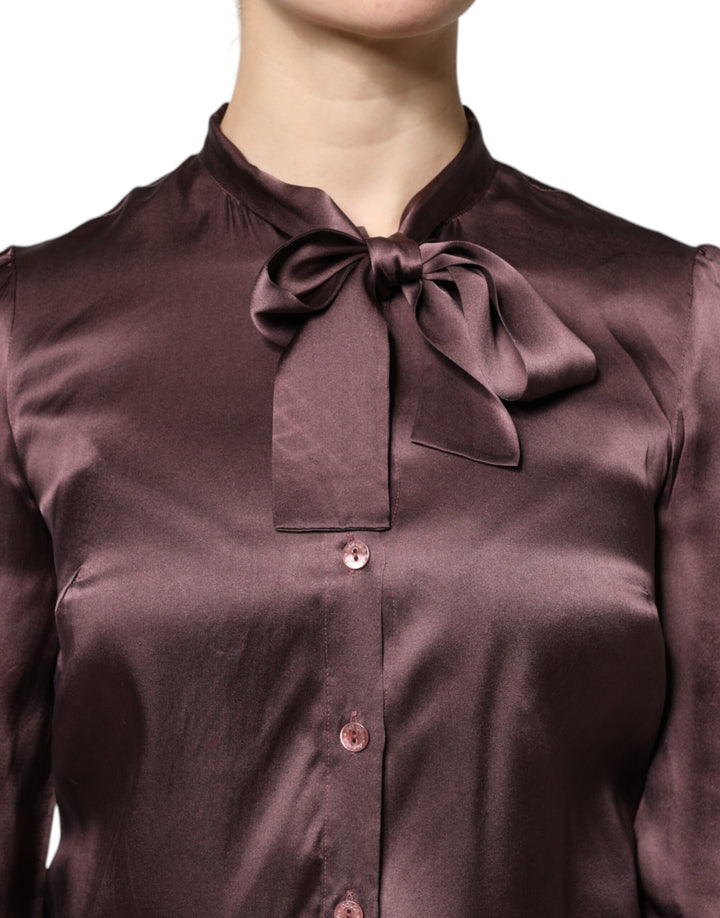 Dolce &amp; Gabbana Sample Sale Dolce &amp; Gabbana Brown Ascot Collar Long Sleeve Blouse Top - | Designer outlet
