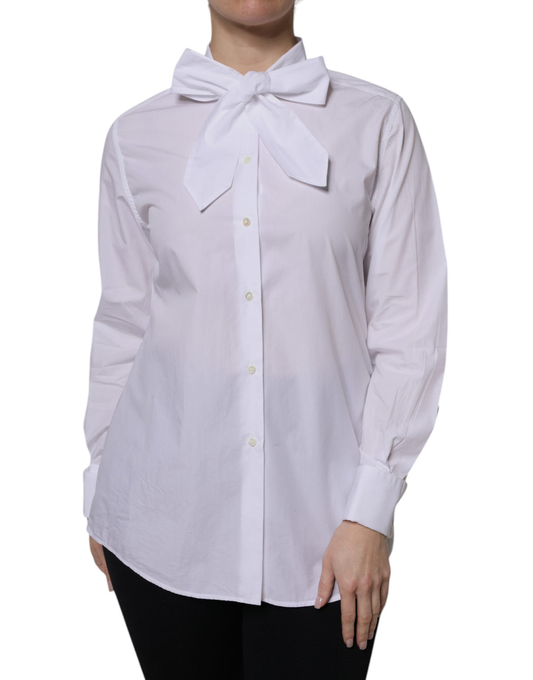 Dolce &amp; Gabbana Sample Sale Dolce &amp; Gabbana White Ascot Collar Long Sleeve Blouse Top - | Designer outlet
