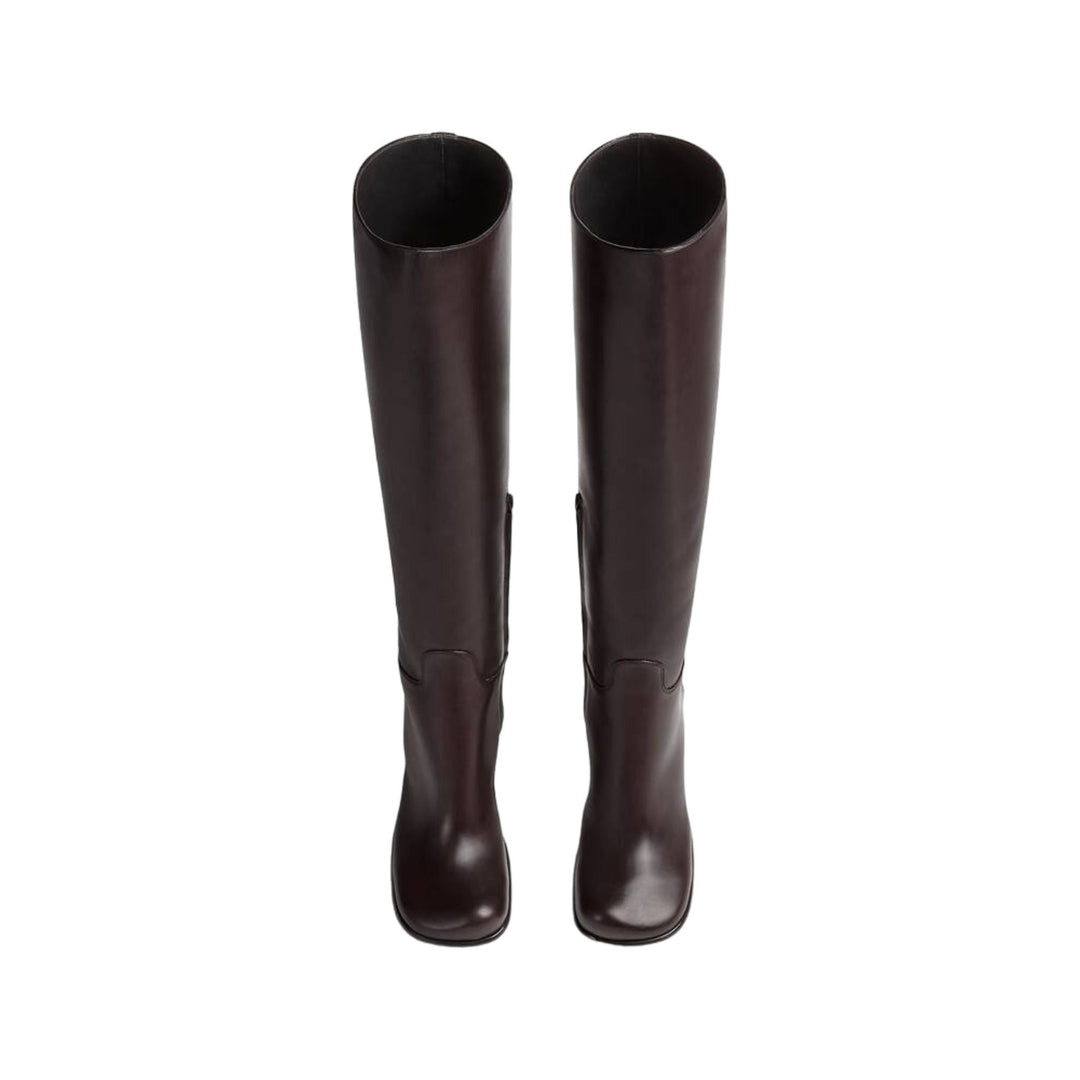 Pair of brown knee-high boots on a white background