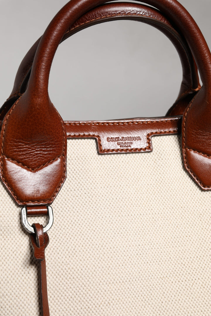 Dolce & Gabbana Beige Brown Cotton Leather Duffle Shoulder Bag