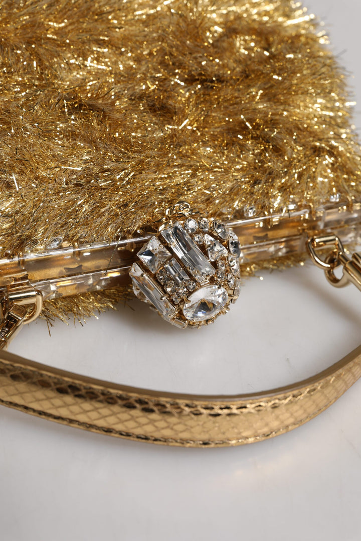 Dolce & Gabbana Gold Vanda Chain Strap Tinsel Crystal Evening Clutch Bag