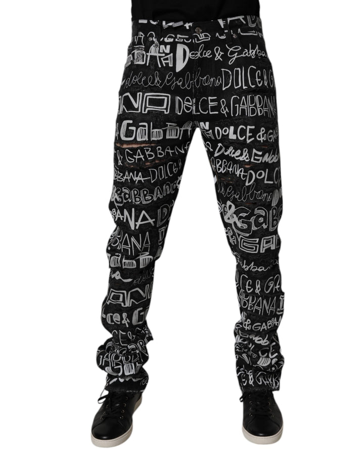 Dolce &amp; Gabbana Sample Sale Dolce &amp; Gabbana Black Cotton Logo Print Straight Denim Jeans - | Designer outlet