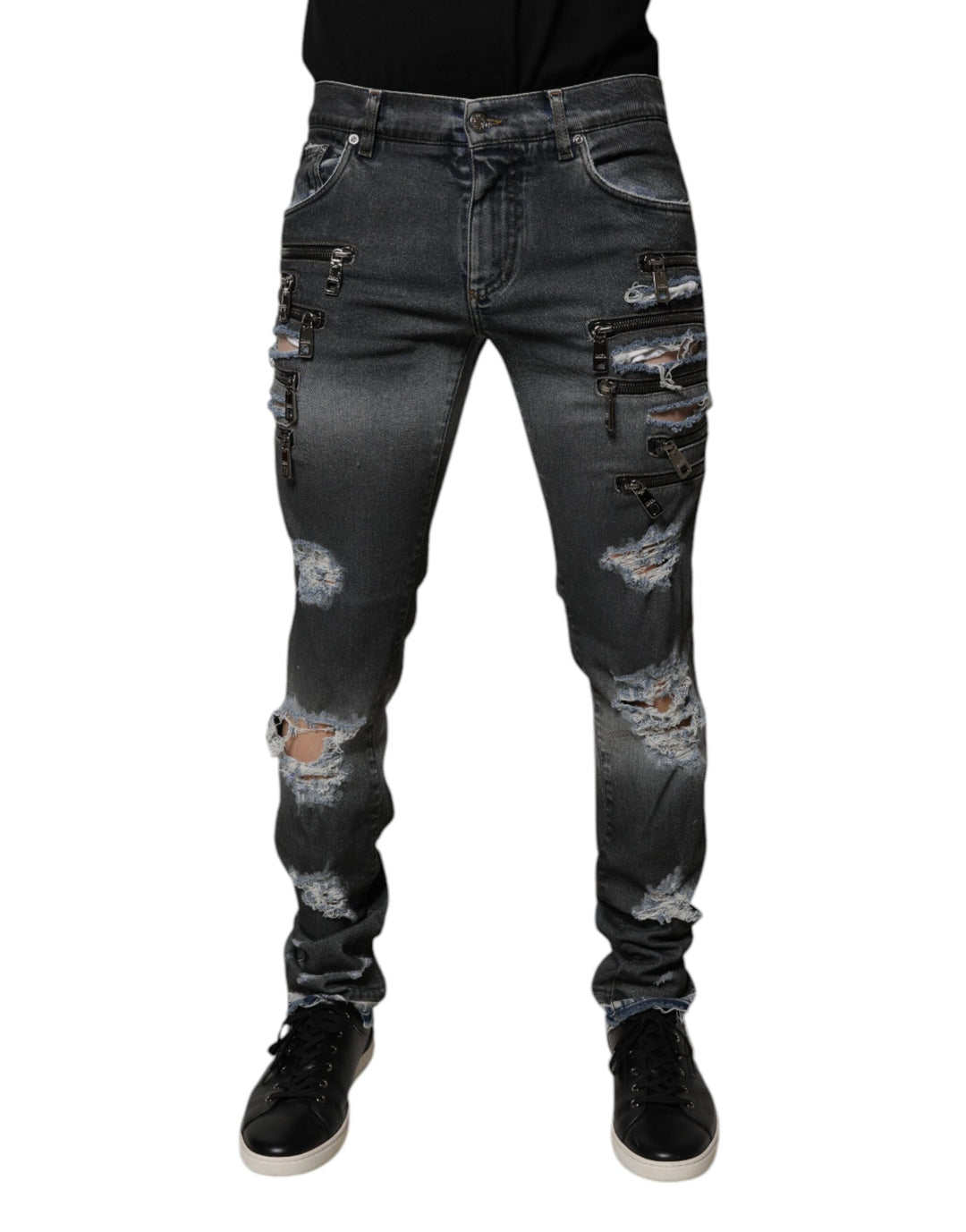 Dolce &amp; Gabbana Sample Sale Dolce &amp; Gabbana Dark Gray Tattered Cotton Skinny Denim Jeans - | Designer outlet