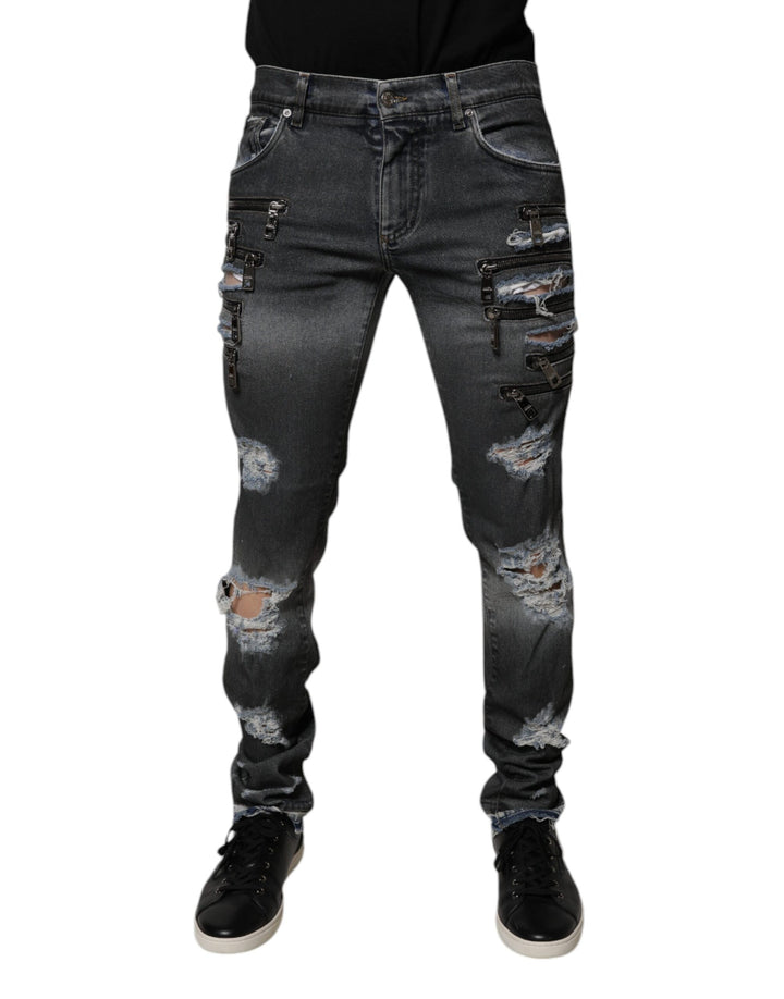 Dolce &amp; Gabbana Sample Sale Dolce &amp; Gabbana Dark Gray Tattered Cotton Skinny Denim Jeans - | Designer outlet