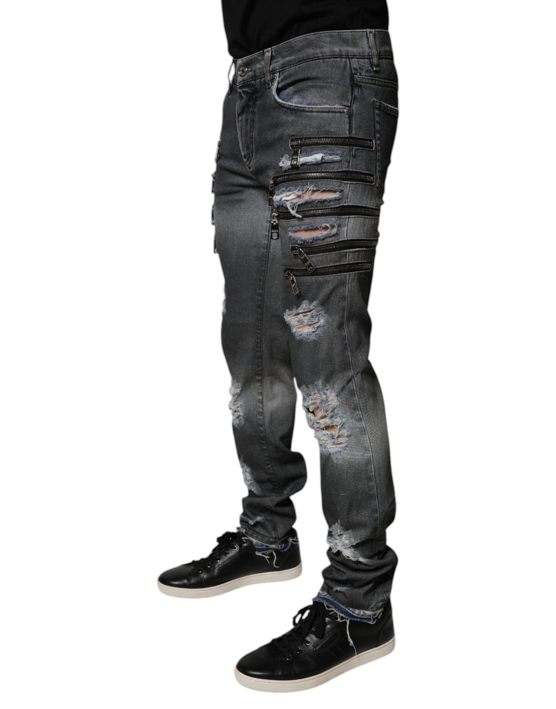 Dolce &amp; Gabbana Sample Sale Dolce &amp; Gabbana Dark Gray Tattered Cotton Skinny Denim Jeans - | Designer outlet