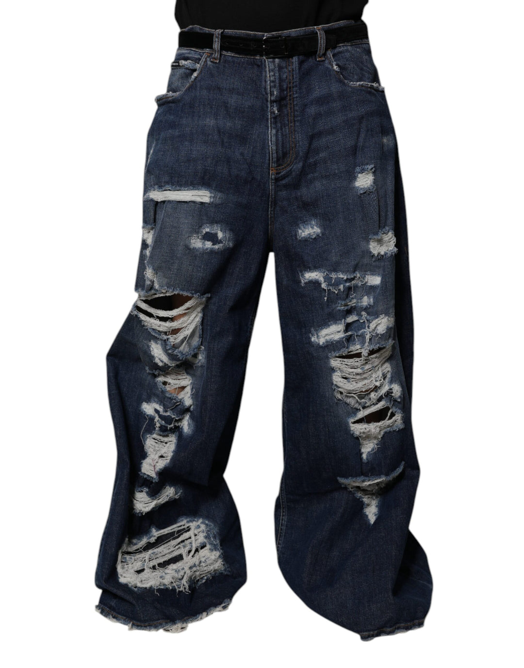 Dolce &amp; Gabbana Dark Blue Tattered Wide Leg Men Denim Jeans by Dolce &amp; Gabbana outlet now on sale