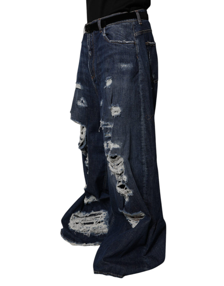 Dolce &amp; Gabbana Dark Blue Tattered Wide Leg Men Denim Jeans by Dolce &amp; Gabbana outlet now on sale