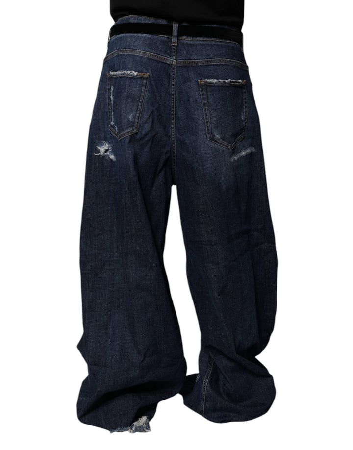 Dolce &amp; Gabbana Dark Blue Tattered Wide Leg Men Denim Jeans by Dolce &amp; Gabbana outlet now on sale