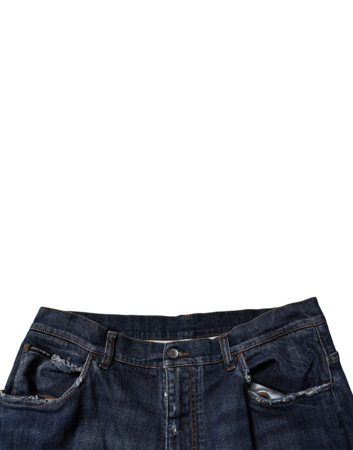 Dolce &amp; Gabbana Dark Blue Tattered Wide Leg Men Denim Jeans by Dolce &amp; Gabbana outlet now on sale