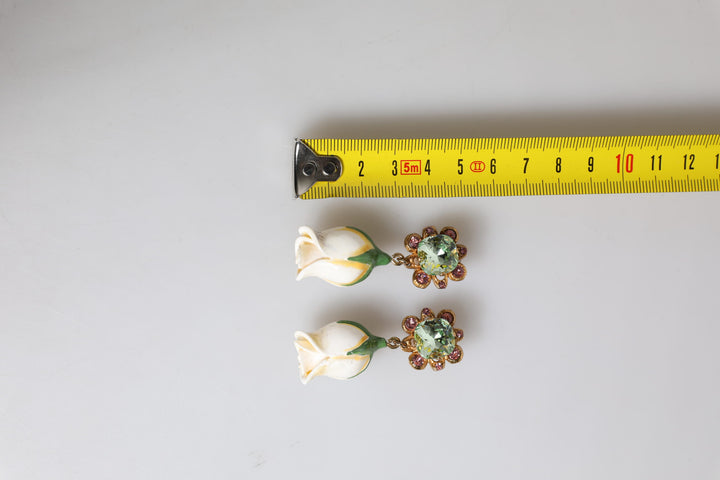 Dolce & Gabbana Brass White Flower Bloom Crystal Clip Dangling Earrings