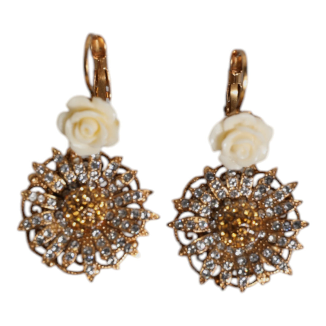 Dolce & Gabbana White Floral Clear Crystal Brass Dangling Jewelry Earrings