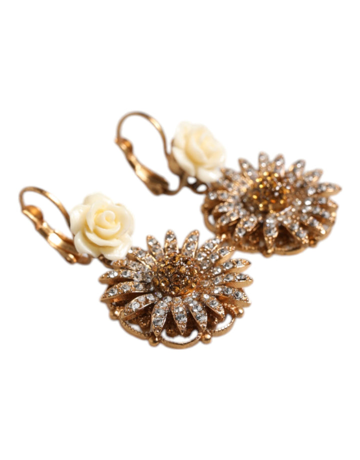 Dolce & Gabbana White Floral Clear Crystal Brass Dangling Jewelry Earrings