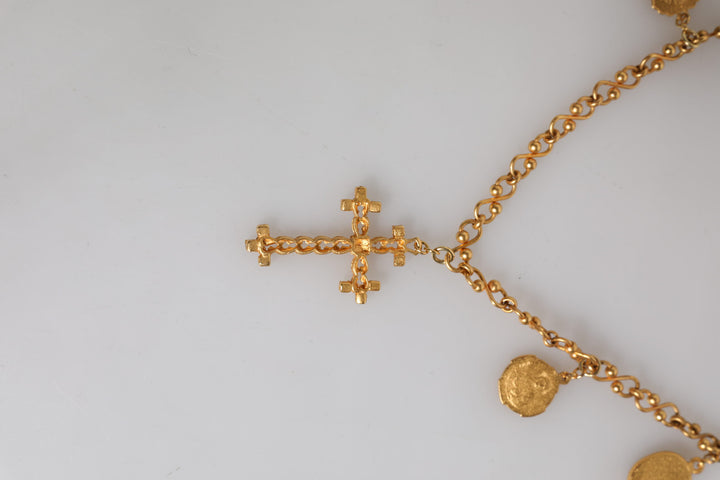 Dolce & Gabbana Gold Tone Brass Chain Religious Cross Pendant Necklace