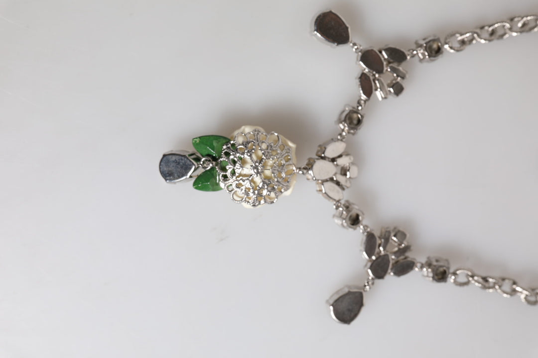 Dolce & Gabbana Silver Tone Brass Clear Crystal Roses Pendants Necklace