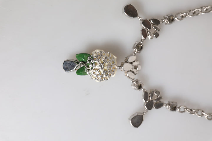Dolce & Gabbana Silver Tone Brass Clear Crystal Roses Pendants Necklace