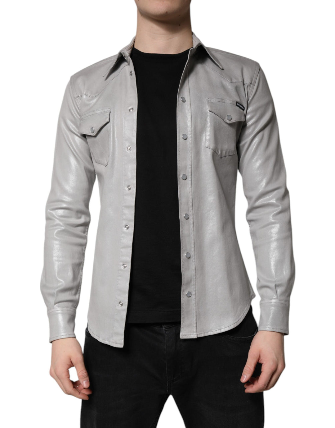 Dolce &amp; Gabbana Sample Sale Dolce &amp; Gabbana Metallic Gray Cotton Button Down Shirt - | Designer outlet