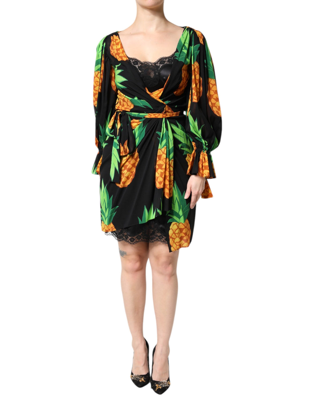 Dolce &amp; Gabbana Black Silk Pineapple Draped Print Wrap Dress by Dolce &amp; Gabbana outlet now on sale